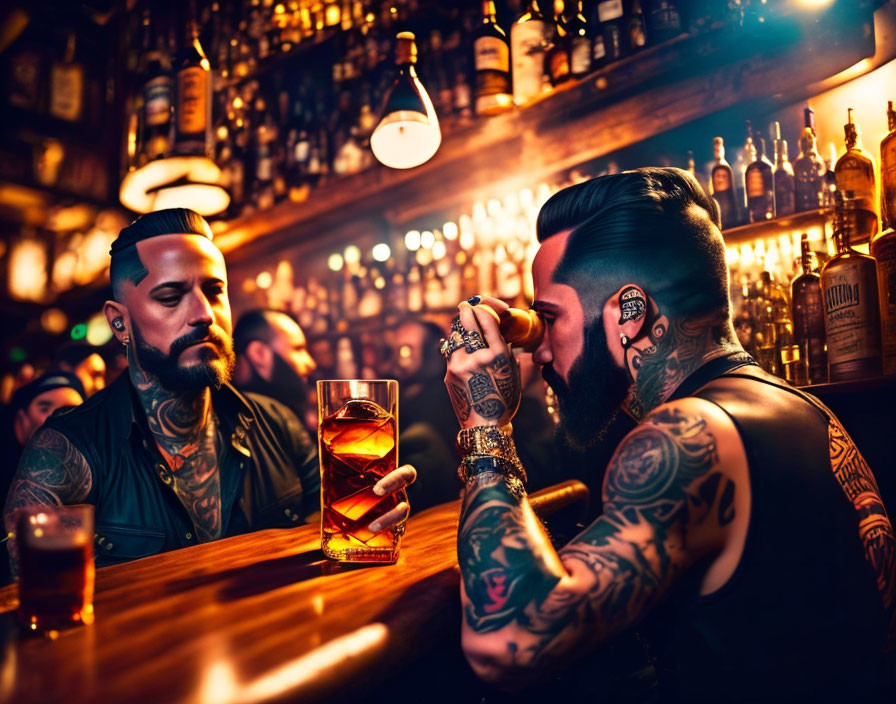 Whiskey in the smoky bar full of tattooed people
