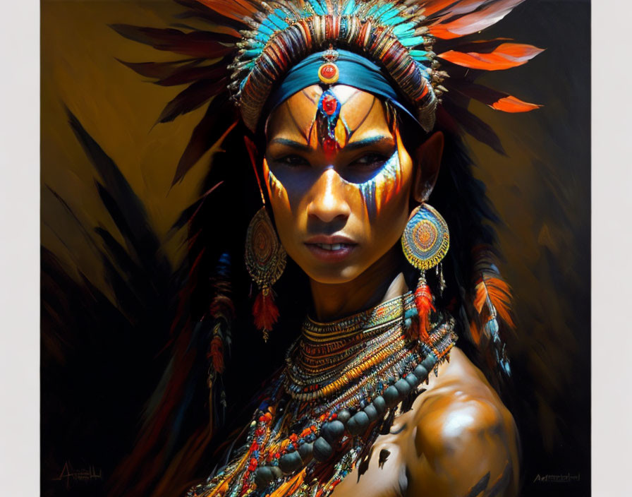 Person with Native American headdress, face paint, and bead necklaces.