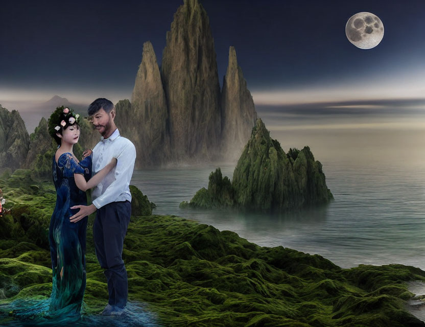Couple in fantastical landscape with rocky spires and full moon