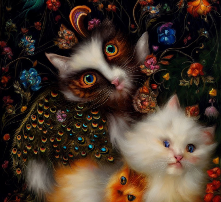 Colorful painting of whimsical cats with peacock feathers among vibrant flowers