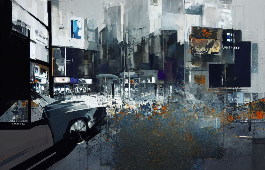 Blurred cityscape painting with car and orange-blue splashes