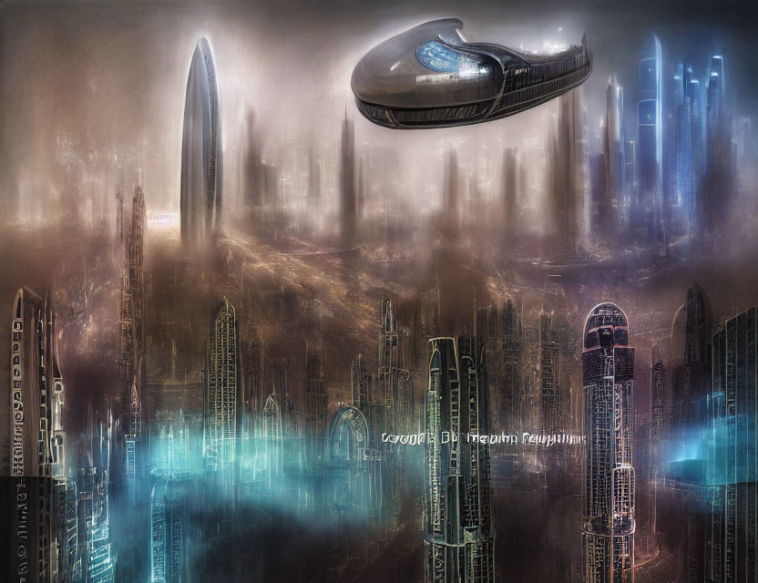 Futuristic cityscape with misty skyscrapers and flying vehicle