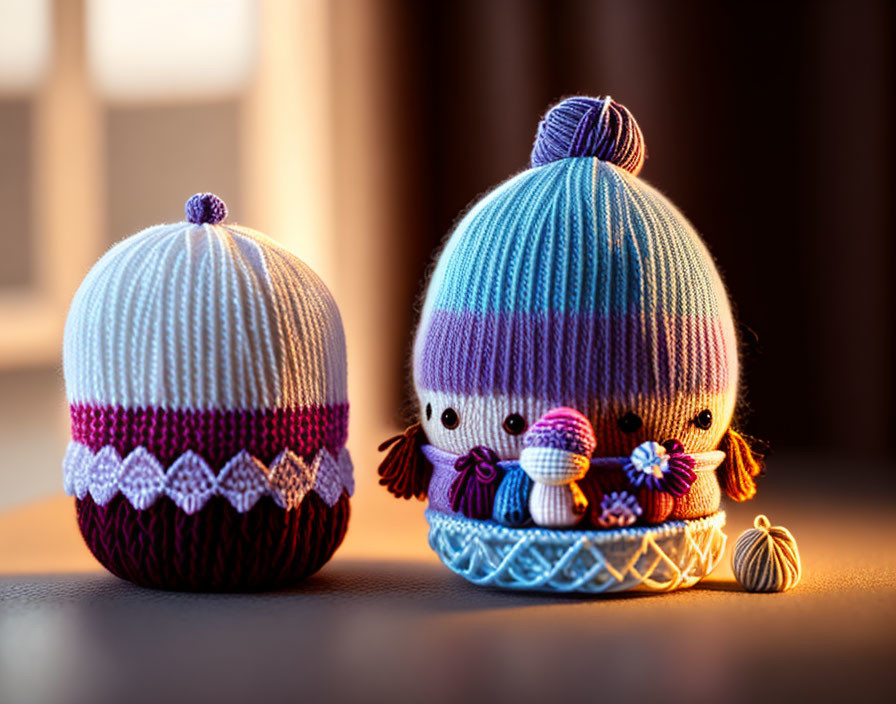 Two adorable knitted dolls in striped beanies on softly lit background