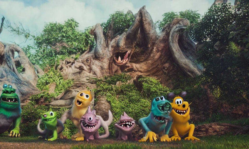 Colorful Animated Monster Characters in Grass Field with Funny Rock Formations