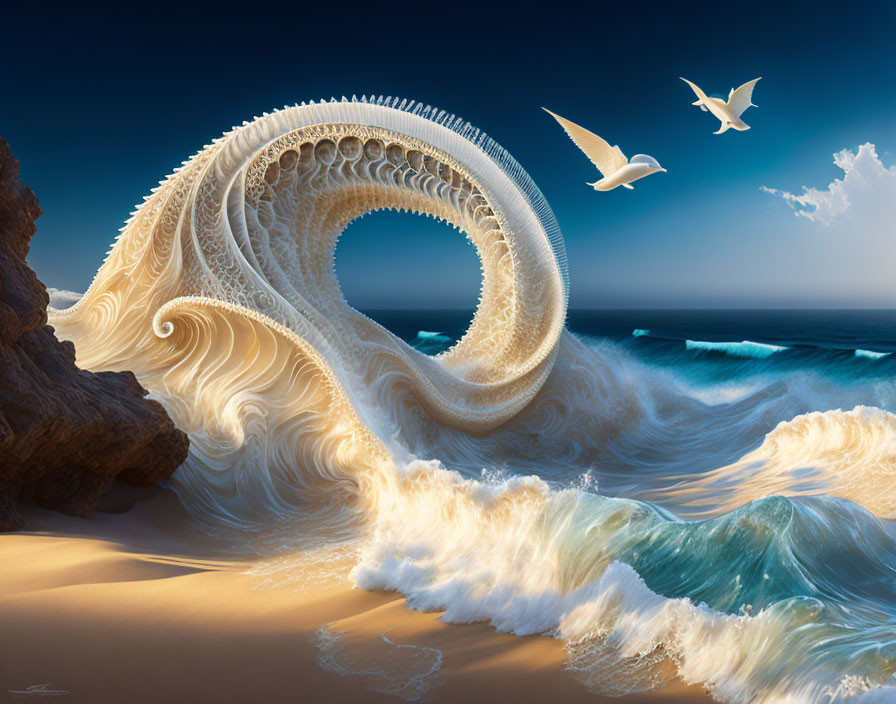 Surreal beach scene with wave, nautilus shell pattern, seagulls, and clear blue