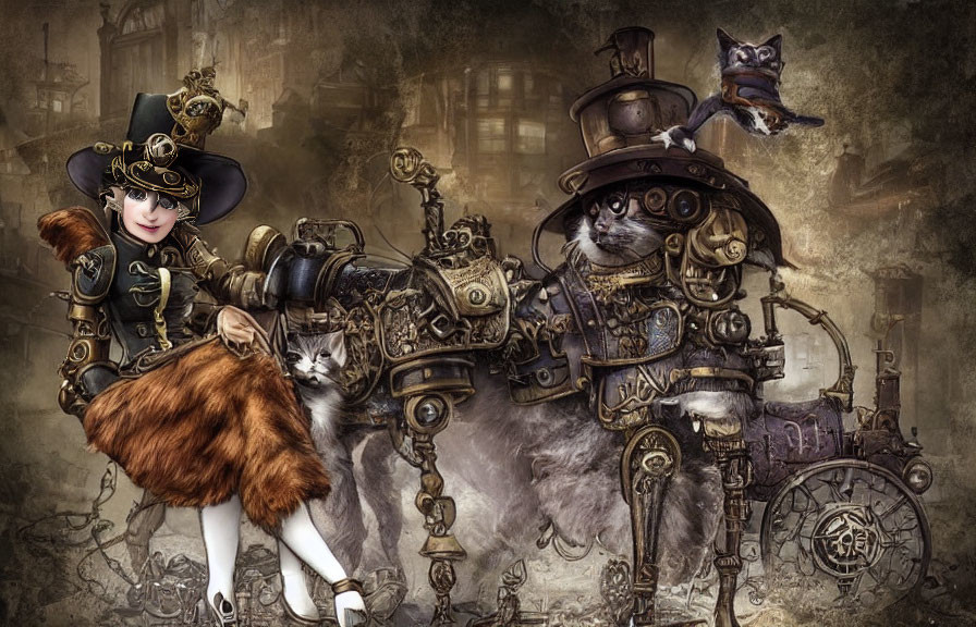 Steampunk-themed anthropomorphic cats in Victorian attire with mechanical background