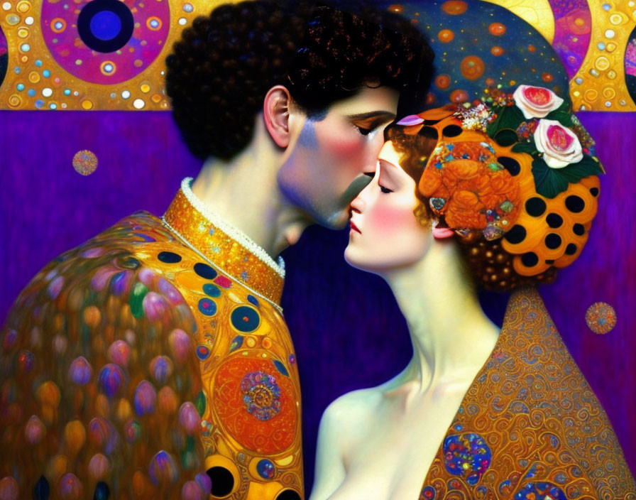 Colorful Painting of Couple Embracing in Elaborate Attire