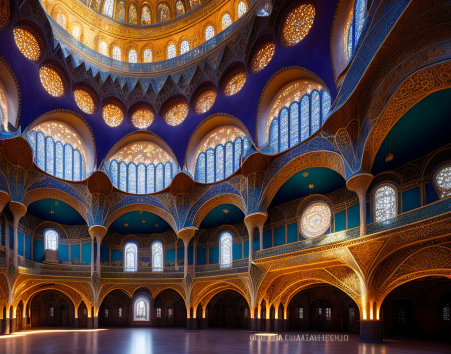 Grand Mosque Interior: Golden-Blue Arabesque Designs, Large Arches, Islamic Calligraphy