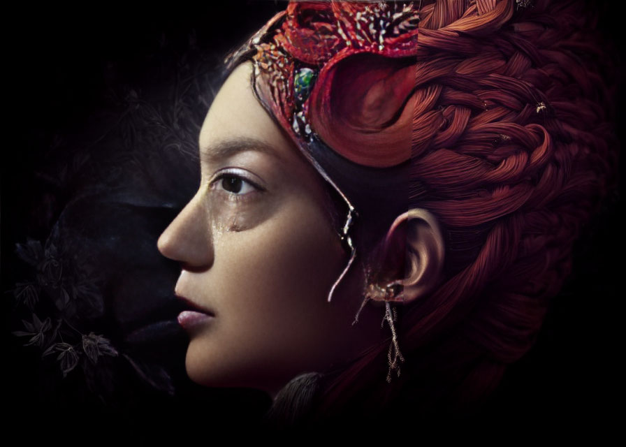 Intricate red hairdo and headpiece on woman's profile with dark floral silhouette