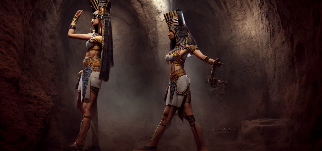 Ancient Egyptian-themed costumes with gold detailing in dim tunnel