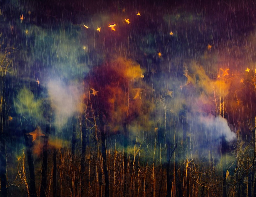Blurred abstract image: forest under colorful starry sky