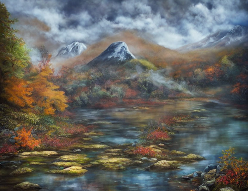 Misty River Flowing Through Autumn Foliage and Mountains