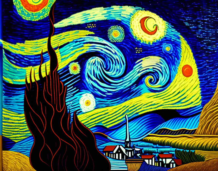 Vibrant painting of night sky, crescent moon, village, and cypress tree