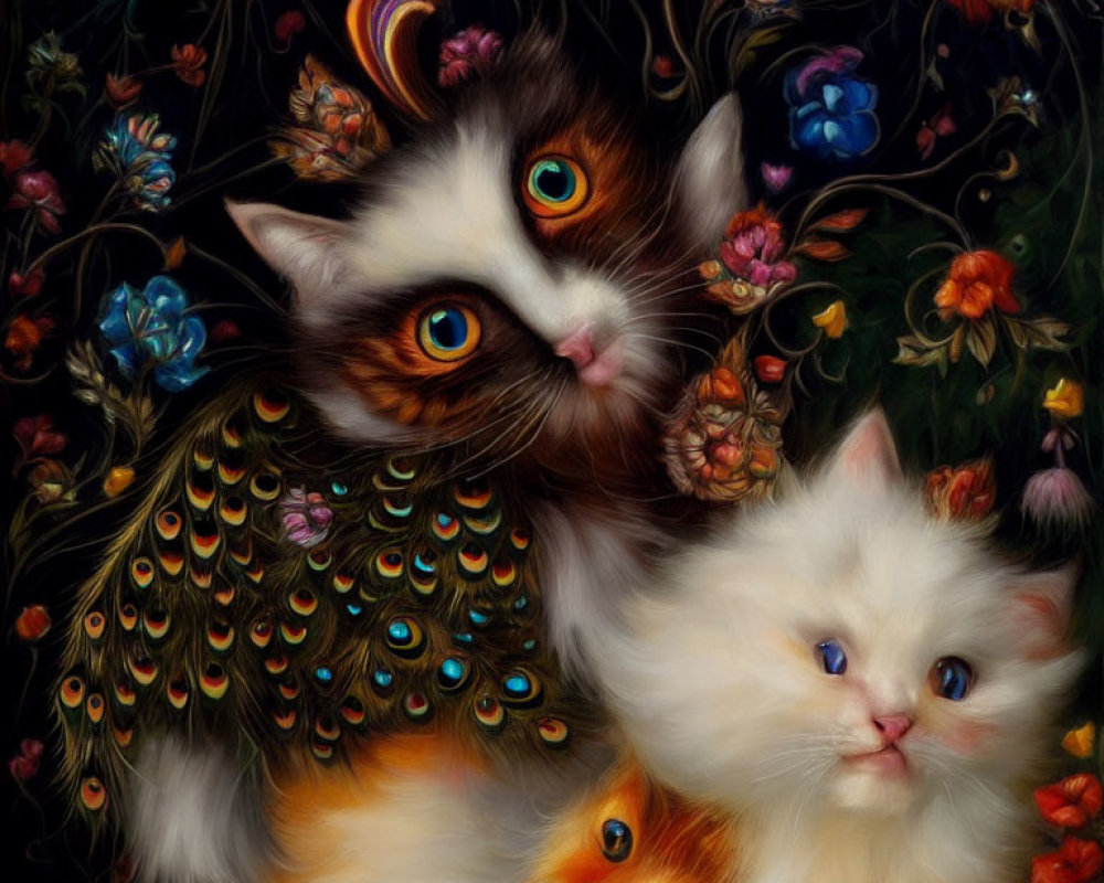 Colorful painting of whimsical cats with peacock feathers among vibrant flowers