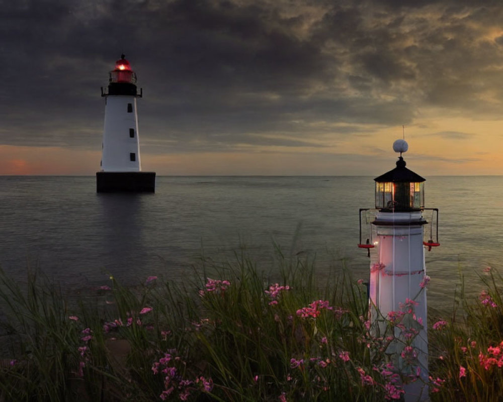 Two lighthouses at dusk with vibrant flowers and calm sea