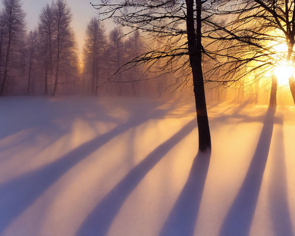 Snow-covered landscape with long tree shadows at sunset