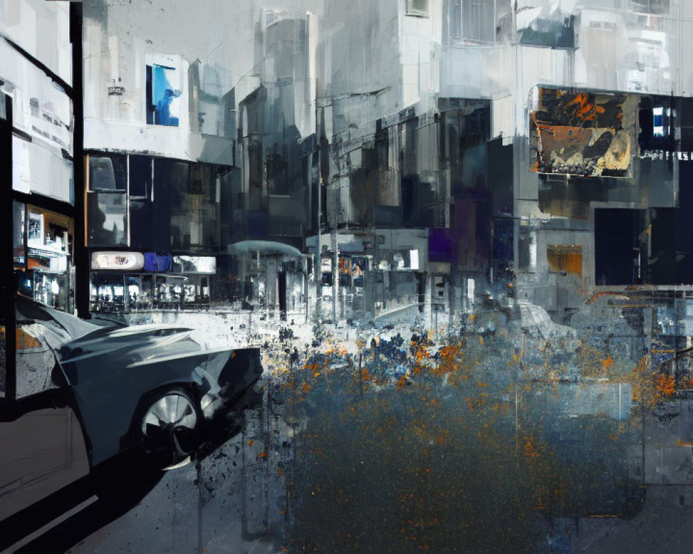 Blurred cityscape painting with car and orange-blue splashes