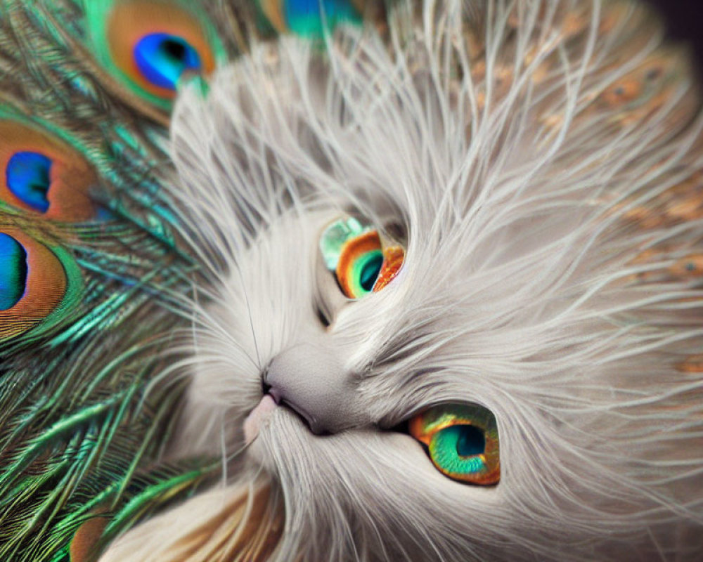 White Fluffy Cat with Green Eyes Among Peacock Feathers