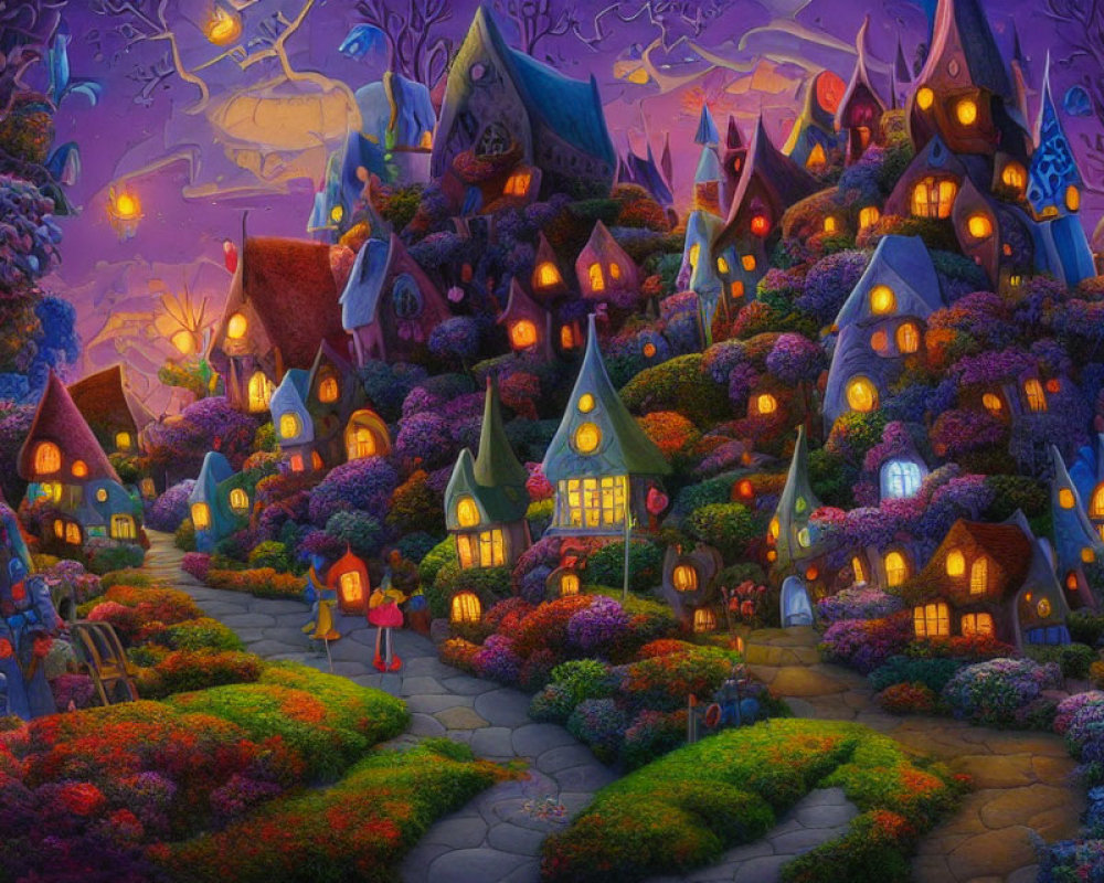 Colorful Cone-Roofed Village with Characters Walking at Night
