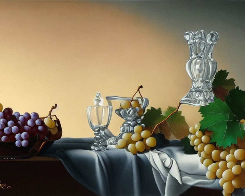 Purple and Green Grapes Still Life Painting with Glass Goblet and Silver Pitcher