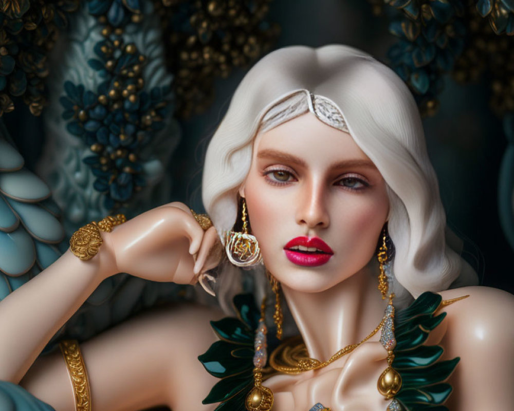 Illustration of woman with white hair, striking makeup, gold jewelry on turquoise backdrop