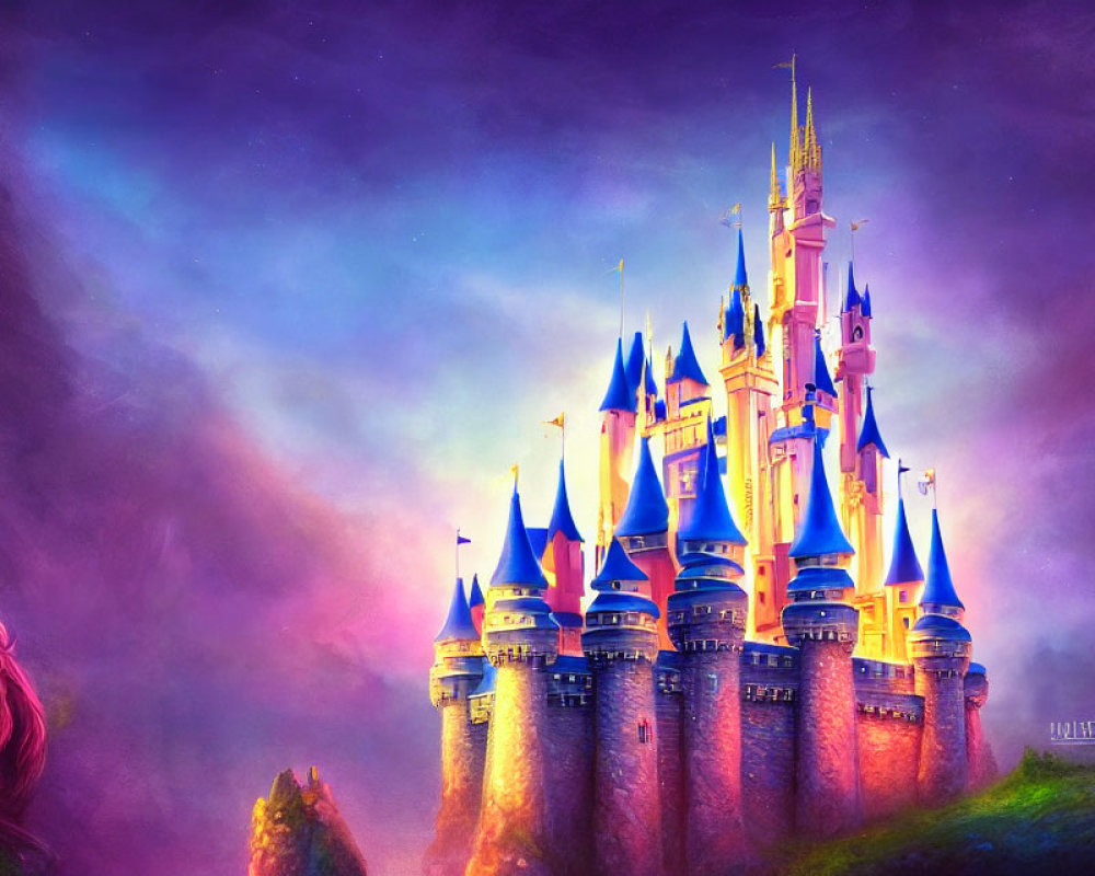 Fairytale castle illustration with spires against purple sky