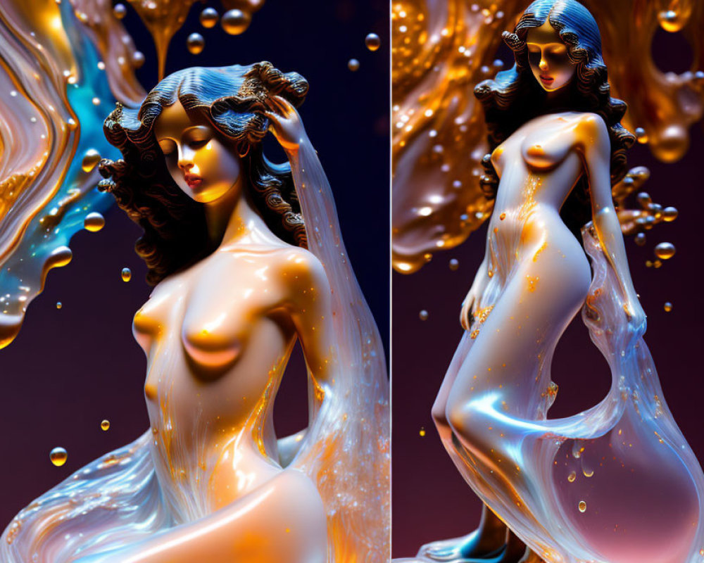 Stylized 3D Female Form with Liquid Gold on Dark Background