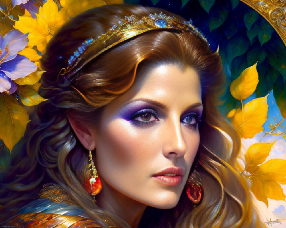 Fantasy portrait of a woman with blue eyes, gold crown, surrounded by autumn leaves