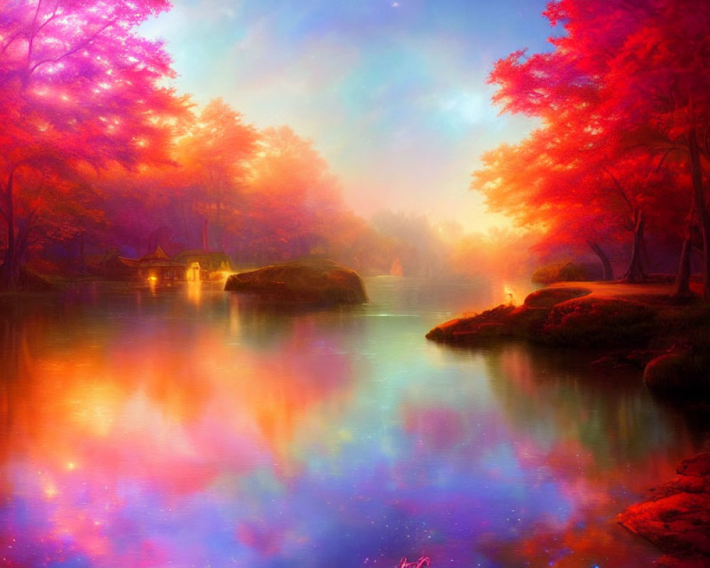 Tranquil sunset lake with autumn trees and glowing water reflection
