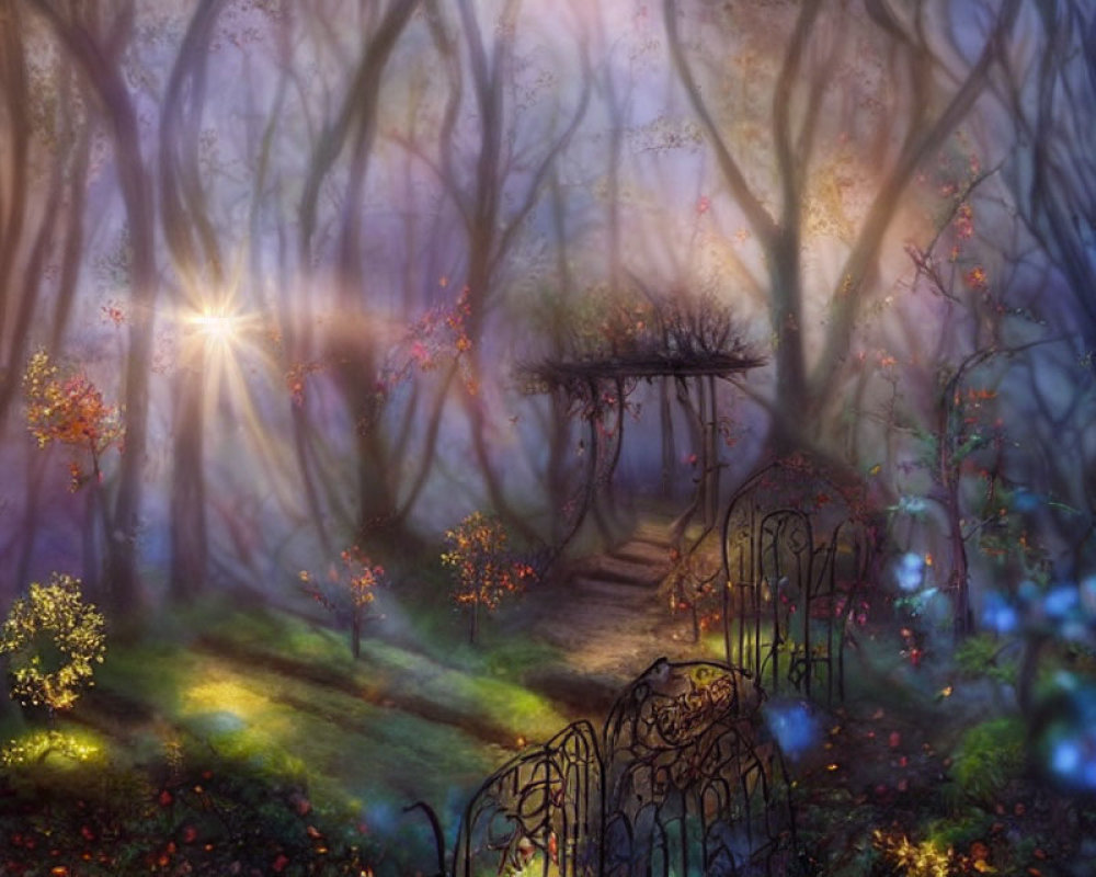 Mystical forest with sunlight, wooden bridge, colorful flowers, and glowing orbs