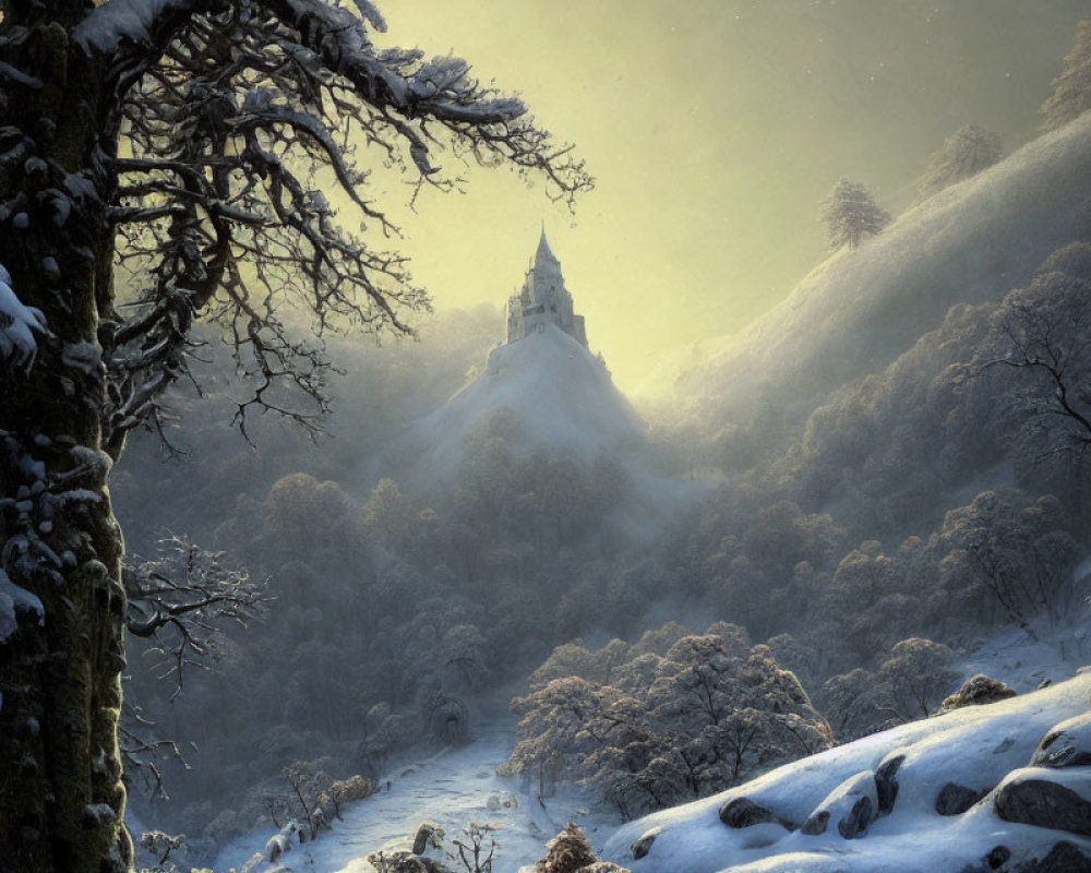 Snow-covered trees and castle in serene winter landscape
