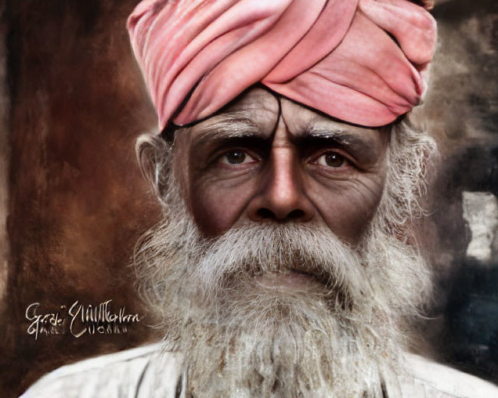 Elderly man with white beard and pink turban portrait