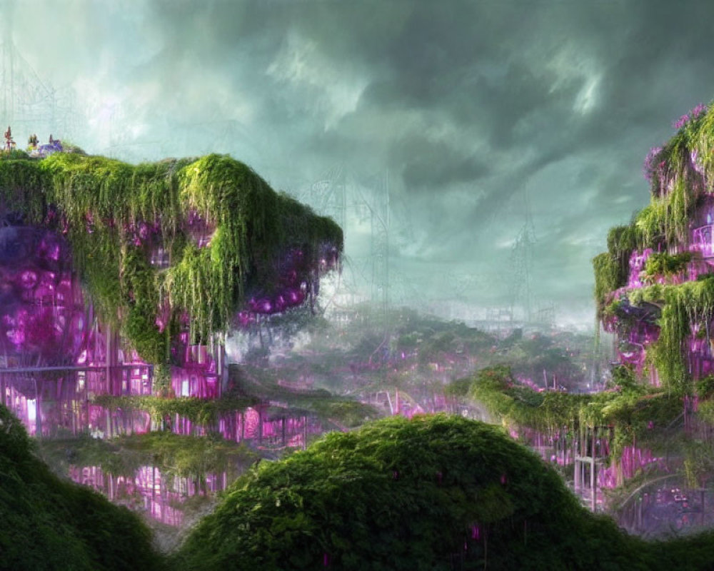 Fantastical landscape with stormy sky and purple-lit buildings nestled in lush green cliffs