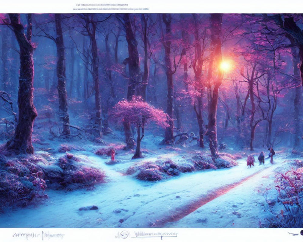 Enchanting Fantasy Forest with Purple and Blue Sunset Glow