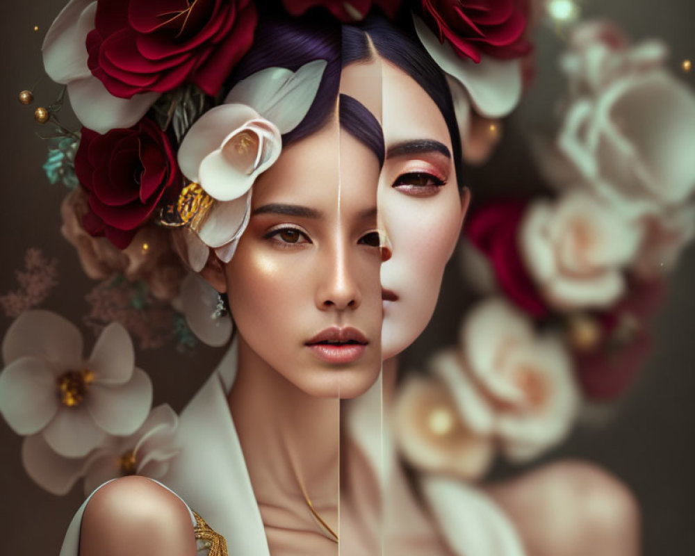 Split-faced portrait of woman with floral headpiece and contrasting natural vs. glamorous sides