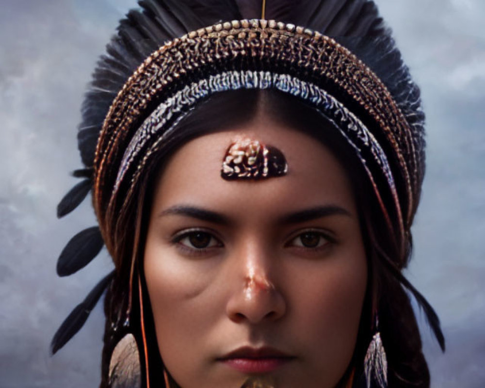 Portrait of a person in feathered headdress and traditional jewelry under cloudy sky
