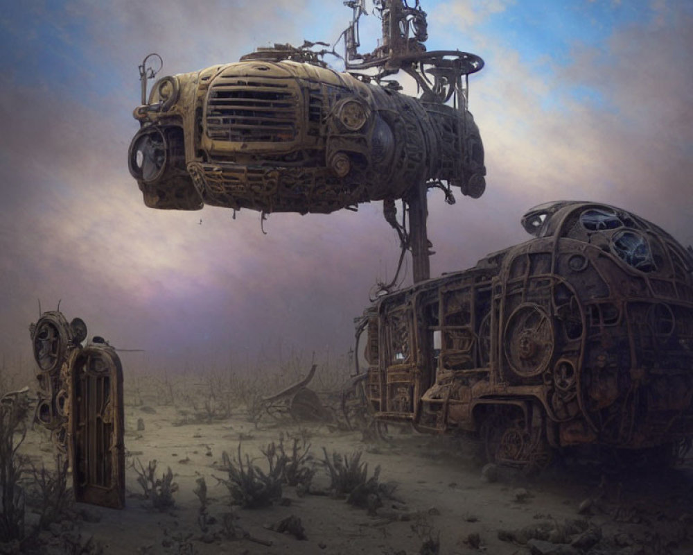Rusted, Abandoned Vehicles in Desolate Dystopian Landscape