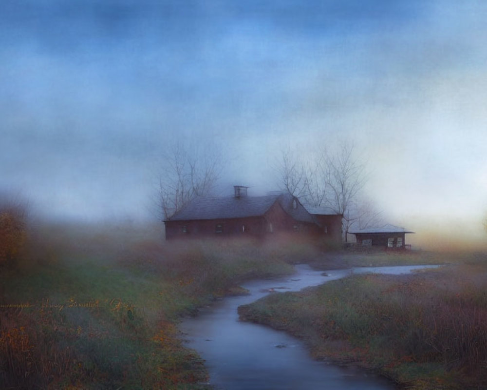 Misty landscape with stream, secluded house, bare trees.