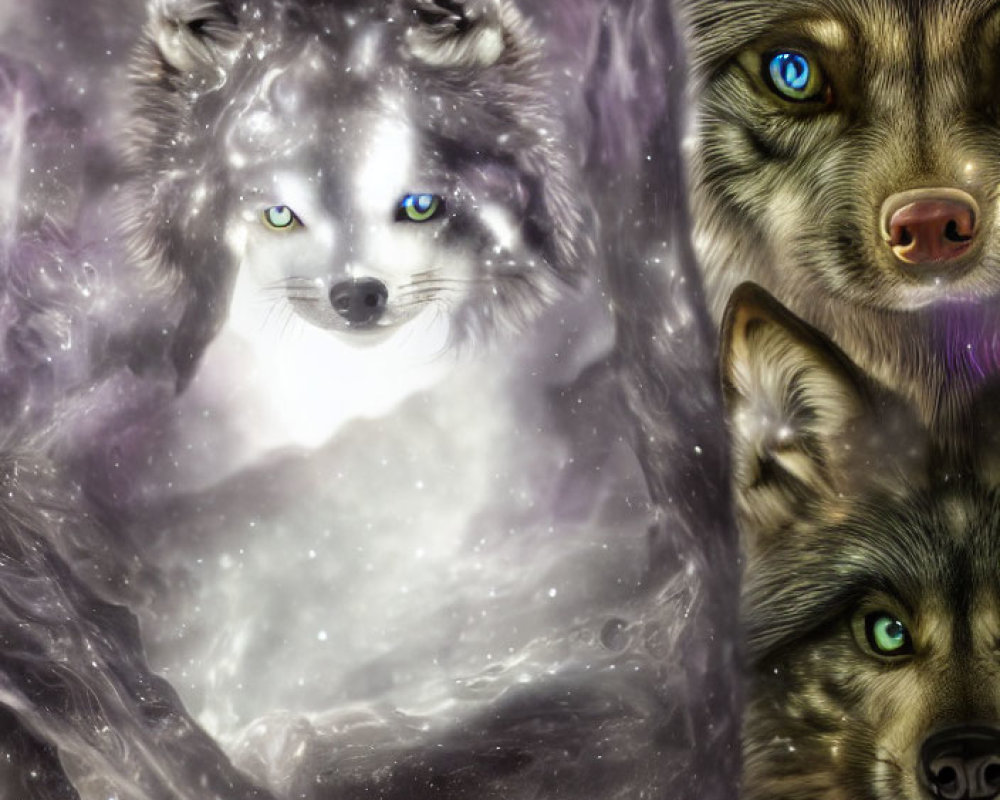 Mystical digital art montage: Wolves with vivid blue eyes in galaxy backdrop