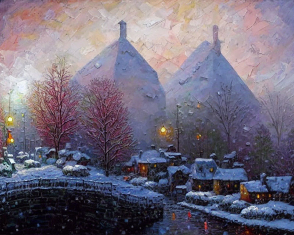 Snowy evening scene with warmly lit cottages, glowing streetlights, and snow-covered trees by a