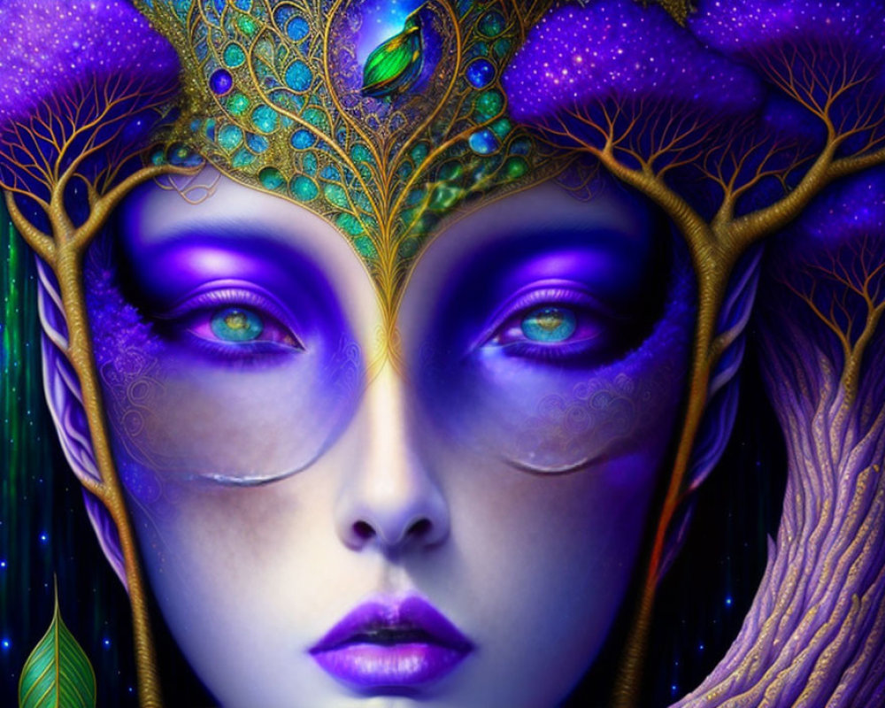 Colorful digital portrait of a woman with purple skin and peacock feather headdress.