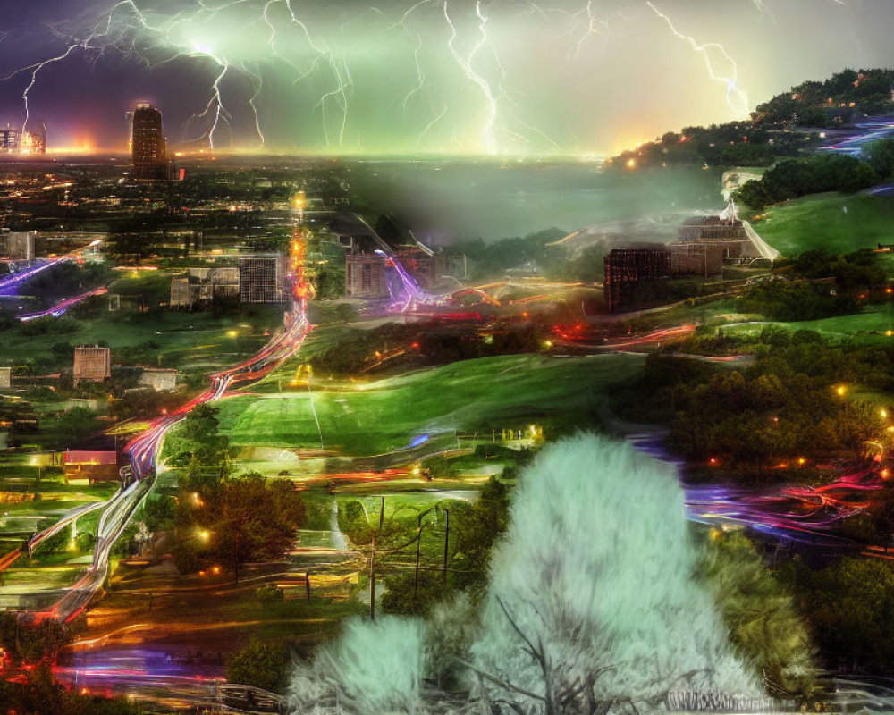 Dynamic cityscape with lightning, illuminated roads, green parks, and residential buildings