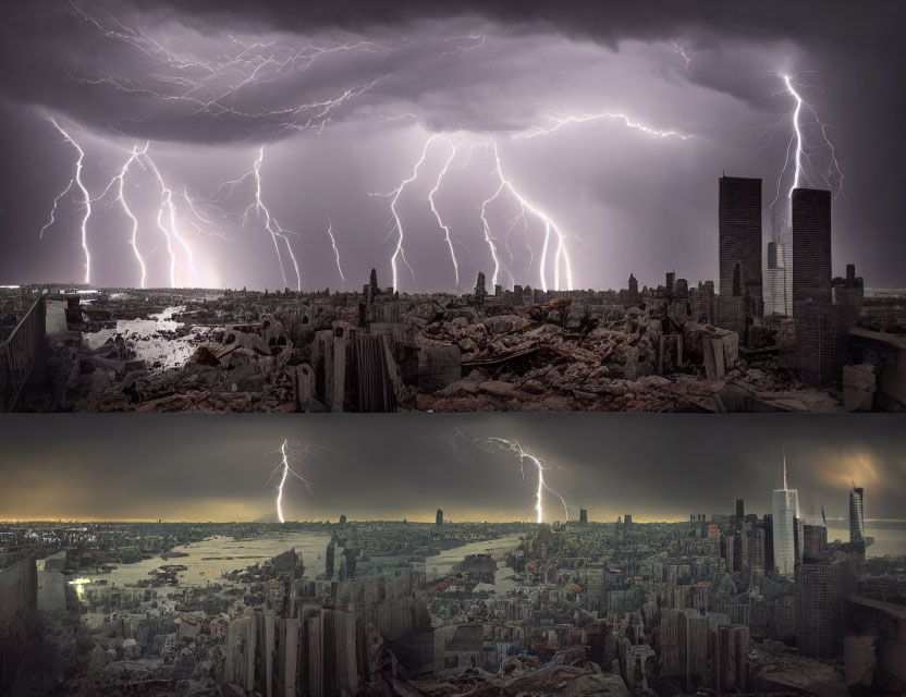 Composite Image: Cityscape with Dramatic Lightning Strikes above Dark Sky Contrasting Peaceful City below Clear