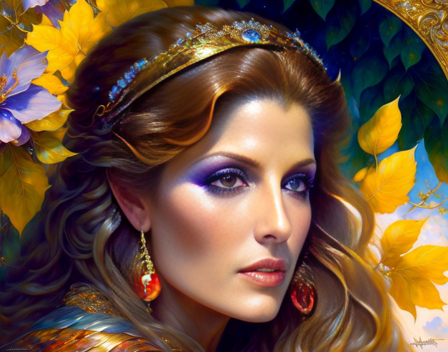 Fantasy portrait of a woman with blue eyes, gold crown, surrounded by autumn leaves