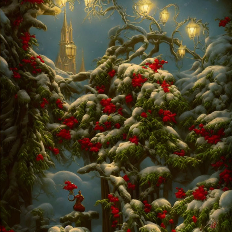 Snow-covered winter landscape with red berries, lanterns, and figure in red