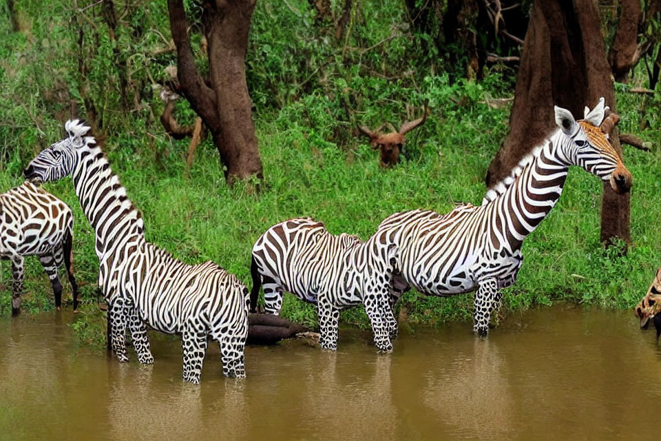 Three Zebras by Water with Green Foliage Background