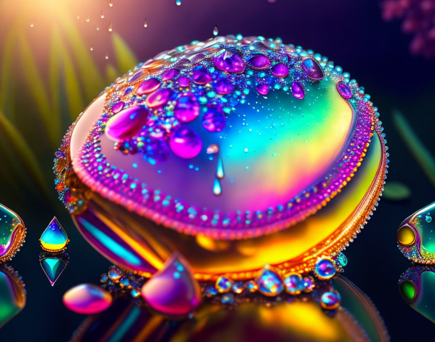 Close-up Image: Water Droplets on Iridescent Surface with Colored Lights