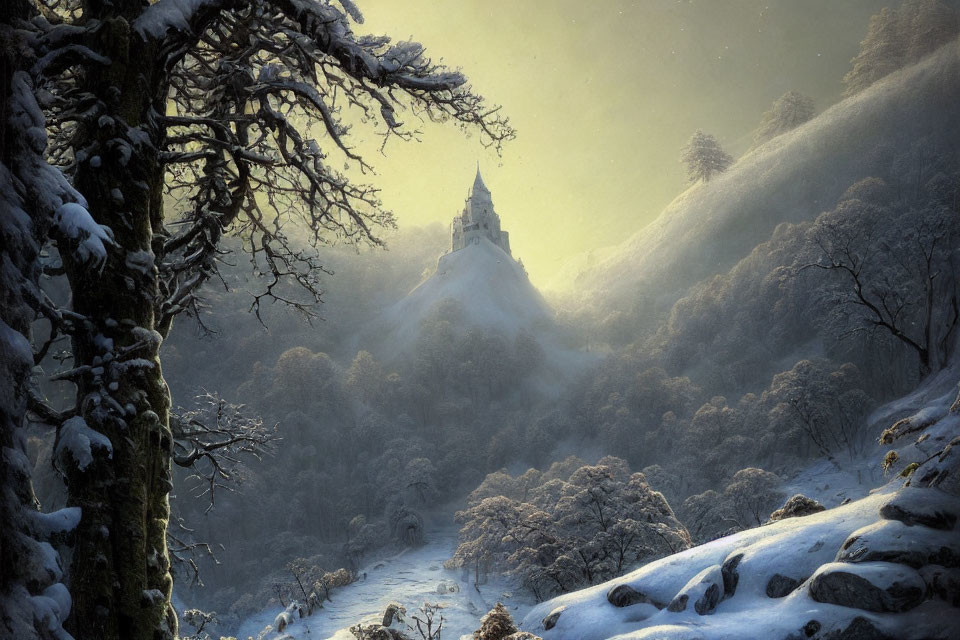 Snow-covered trees and castle in serene winter landscape
