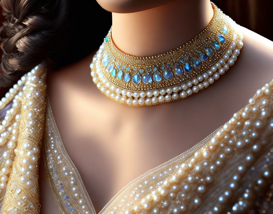Opulent pearl necklace with blue gemstone accents on woman's neck