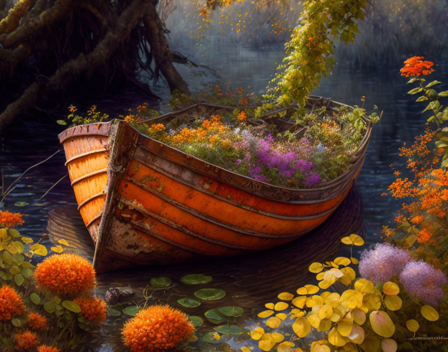 Wooden boat with colorful flowers on tranquil pond amid lush greenery